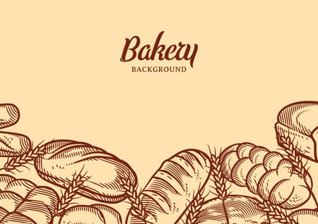 Vintage bakery background with sketched bread vector illustration. Bakery or bakehouse menuのイラスト素材