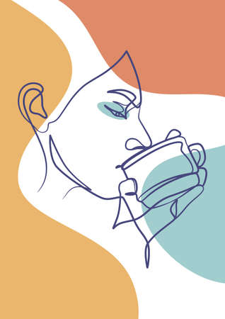 Continuous line art drawing poster of woman drinking coffee or tea. Woman beauty minimalistのイラスト素材