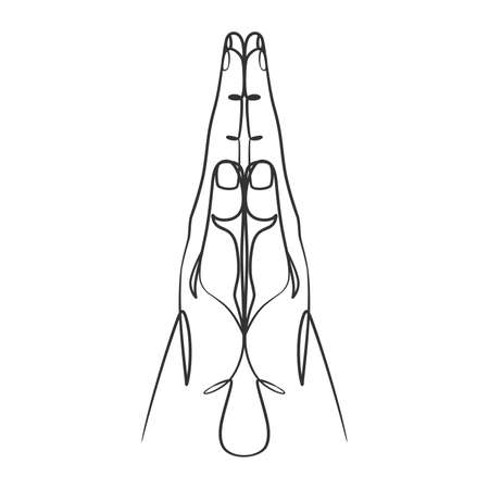 Continuous line drawing of praying hand. Outline drawing hands in praying position. Praying handsのイラスト素材