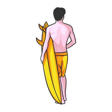 Man with surfboard vector illustration. Sporty athletic man with surfboard on beachのイラスト素材