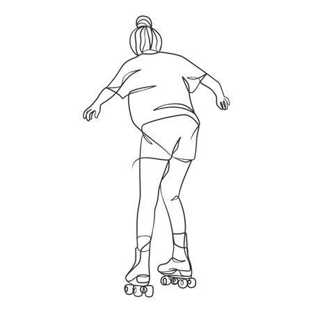 Continuous line drawing of girl on rollers. One line drawing of woman on roller skate