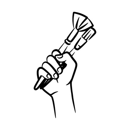 A fist hand holding a decorators paintbrush. Arm Raised Up With Hand Holding Artist Paint Brushのイラスト素材