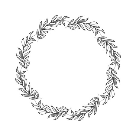 Hand drawn wreath circular vector art black and white. Circle leaf wreath vectorのイラスト素材