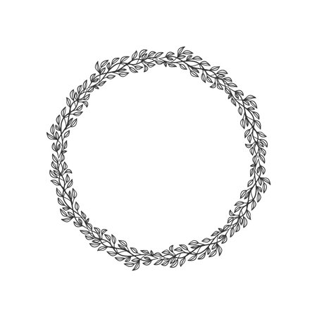 Hand drawn wreath circular vector art black and white. Circle leaf wreath vectorのイラスト素材