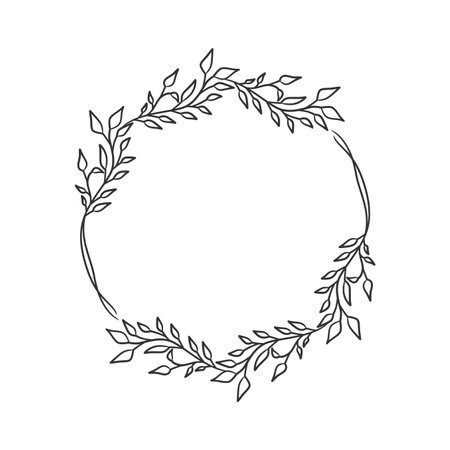Hand drawn wreath circular vector art black and white. Circle leaf wreath vectorのイラスト素材