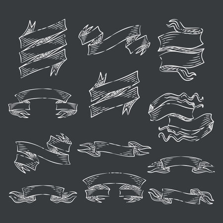 Vintage ribbons banners hand drawn collection. Design elements for greeting cards, banners, invitations. Sketch, vector illustration.のイラスト素材
