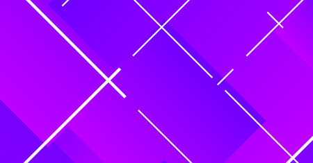 A bold and colorful abstract design featuring layered purple and blue rectangles, intersected by...