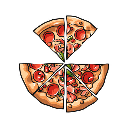 Vibrant and mouthwatering full-color illustration of a freshly sliced pizza, generously topped with a variety of delicious ingredients like pepperoni, mushrooms, olives, and melted cheese.のイラスト素材