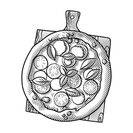 Elegant and detailed line art illustration of a classic pizza, featuring a variety of toppings like pepperoni, mushrooms, olives, and melted cheese.のイラスト素材