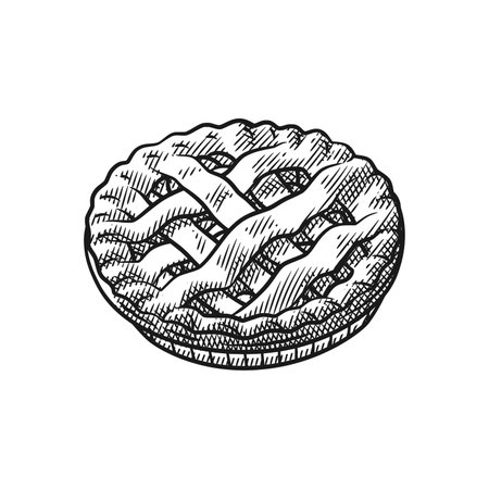 A detailed line art illustration of a classic apple pie created in an elegant engraving style.のイラスト素材