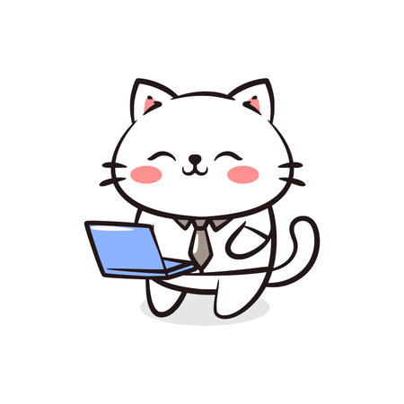 A professional white kitty wearing a tie and working on a blue laptop, perfect for office, career, and technology themes.のイラスト素材