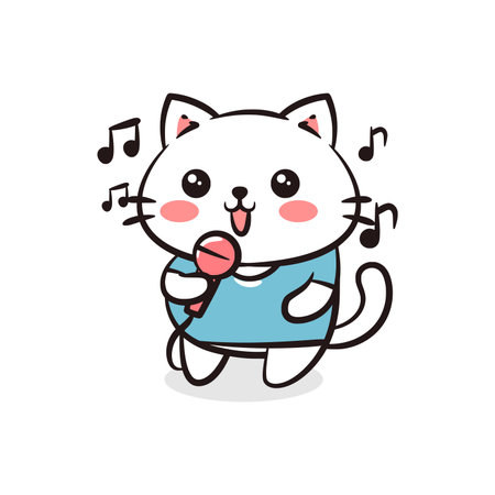 Cheerful kitty singing into a microphone with musical notes in the background, perfect for concert and performance themes.のイラスト素材