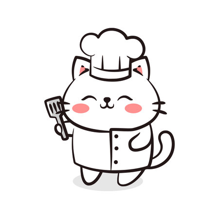 Happy kitty wearing a professional white chef toque and holding a cooking spatula, ideal for culinary and restaurant branding.のイラスト素材