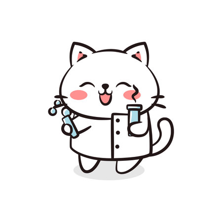 White kitten wearing a lab coat and holding chemical flasks, great for science, research, and laboratory topics.のイラスト素材