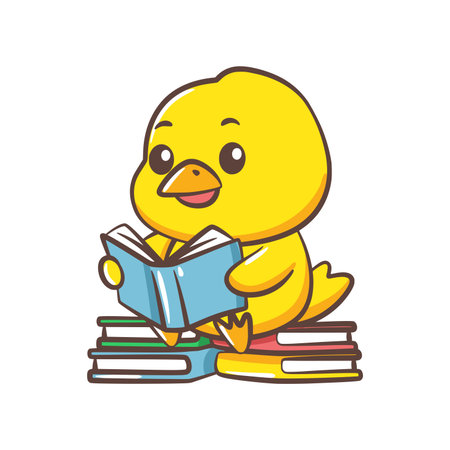 A studious yellow chick sits atop a stack of books while focused on reading an open book.のイラスト素材