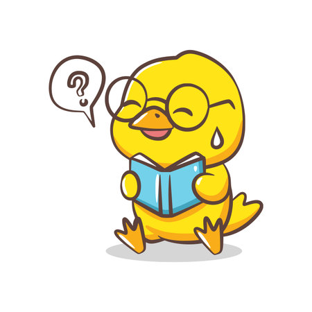 A chick wearing glasses looks puzzled and worried while reading a book, featuring a question mark bubble.のイラスト素材