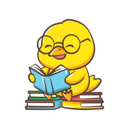 A studious chick wearing round glasses sits on a pile of books while deeply focused on reading.のイラスト素材