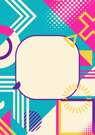 A modern graphic featuring a rounded square frame accented by chevrons, circles, and colorful...