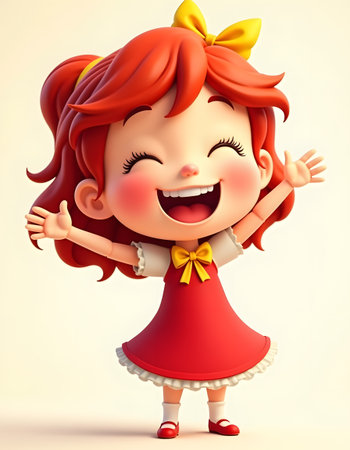 Cheerful girl with yellow bow and red outfitの写真素材