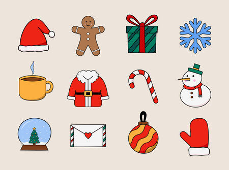 Set of Christmas stickers in cute style design. Suitable for design elements, stickers packs, etc. Available in scalable size.のイラスト素材