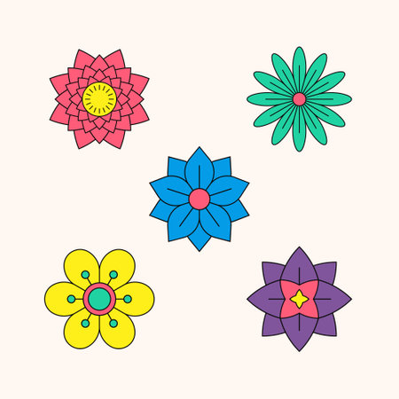 Cute geometric flower icons in bright and playful colors. Each icon brings a burst of energy and charm, perfect for adding a lively to your projectsのイラスト素材