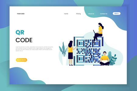 QR code scanning illustration landing page template. Scan QR code for payment and everything.のイラスト素材