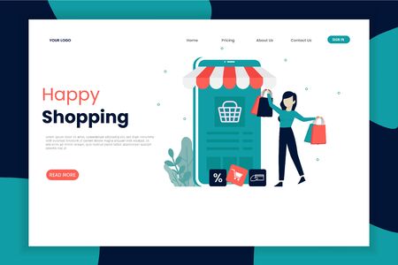 Online shopping landing page illustration template. Happy woman after shopping. Landing page templateのイラスト素材