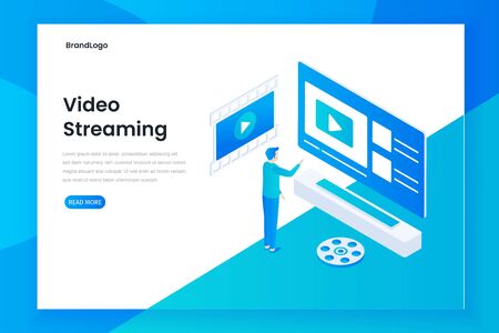 Minimalist design isometric video streaming landing page template. Illustration for websites, landing pages, mobile applications, posters and bannersのイラスト素材