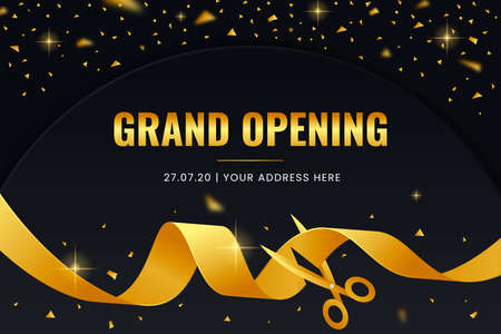 Elegant grand opening background with a black background and golden ribbon