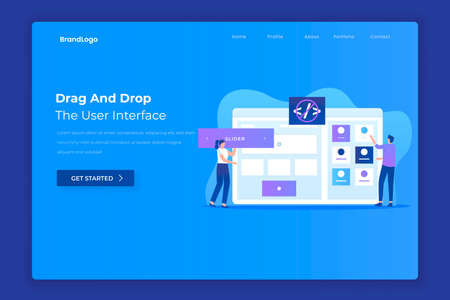 Drag and drop website builder landing page concept. Illustration for websites, landing pages, mobile applications, posters and bannersのイラスト素材