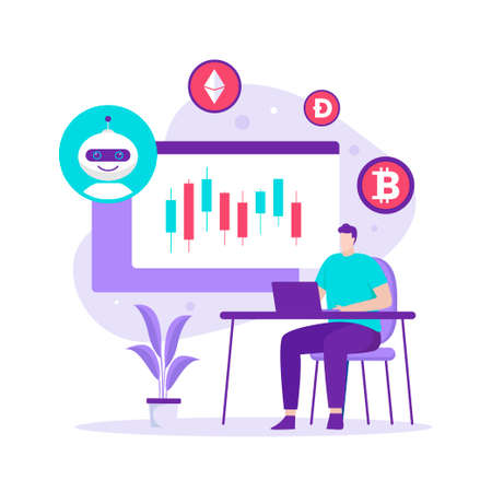 Modern flat design concept of Cryptocurrency Trading bot. Illustration for websites, landing pages, mobile applications, posters and banners.のイラスト素材