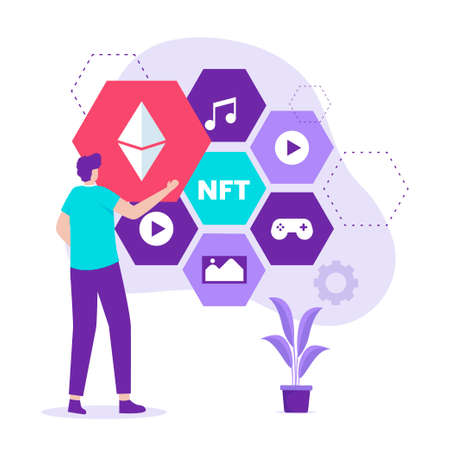 Non fungible token illustration design concept. Illustration for websites, landing pages, mobile applications, posters and bannersのイラスト素材