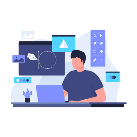 Graphic designer creating his artwork illustration design concept. Illustration for websites, landing pages, mobile applications, posters and bannersのイラスト素材