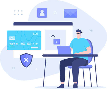 Flat design of hacker steal credit card. Illustration for websites, landing pages, mobile applications, posters and bannersのイラスト素材