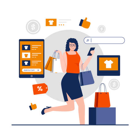 Woman shopping illustration design template. Illustration for websites, landing pages, mobile applications, posters and bannersのイラスト素材