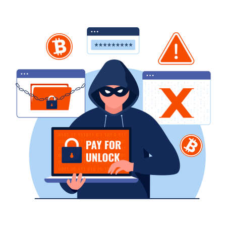 Ransomware with hacker attack illustration concept. Illustration for websites, landing pages, mobile applications, posters and banners. Trendy flat vector illustrationのイラスト素材