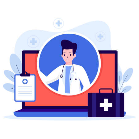 Online doctor consultation illustration design concept. Illustration for websites, landing pages, mobile applications, posters and banners. Trendy flat vector illustrationのイラスト素材