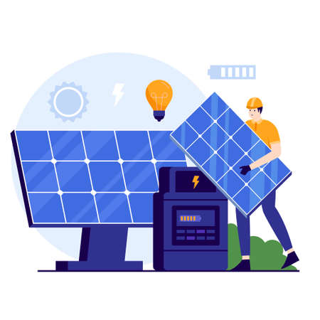 Solar panel installation illustration concept. Illustration for websites, landing pages, mobile applications, posters and banners. Trendy flat vector illustrationのイラスト素材