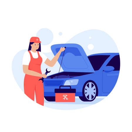 Flat design of woman repairing cars. Illustration for websites, landing pages, mobile applications, posters and banners. Trendy flat vector illustrationのイラスト素材