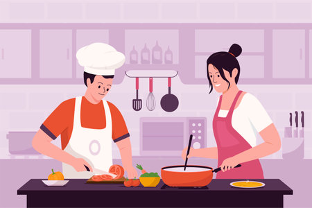 Couple cooking illustration design concept. Illustration for websites, landing pages, mobile applications, posters and banners. Trendy flat vector illustrationのイラスト素材
