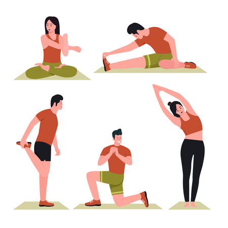 Illustration design of Young people in stretching poses. Illustration for websites, landing pages, mobile applications, posters and banners. Trendy flat vector illustrationのイラスト素材