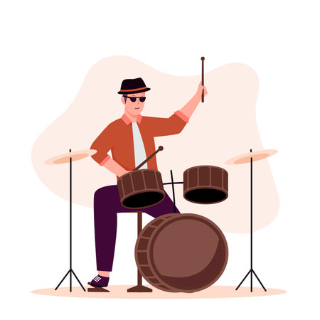 Flat design of men character playing a drum kit. Illustration for websites, landing pages, mobile applications, posters and banners. Trendy flat vector illustrationのイラスト素材
