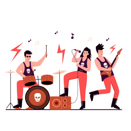 Flat design of rock music band performance on stage. Illustration for websites, landing pages, mobile applications, posters and banners. Trendy flat vector illustrationのイラスト素材