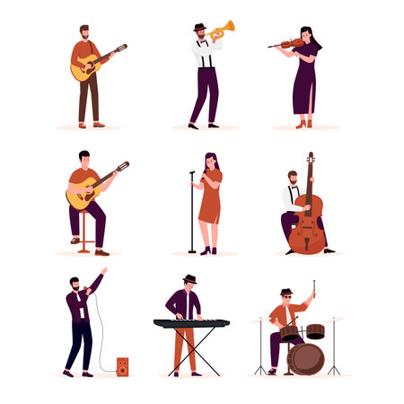Flat design of artists playing music instruments illustrations set. Illustration for websites, landing pages, mobile applications, posters and banners. Trendy flat vector illustrationのイラスト素材