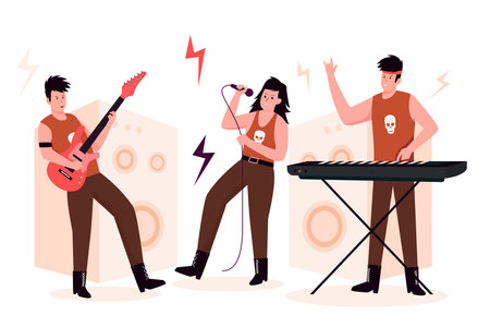 Flat design of rock music band performance on stage. Illustration for websites, landing pages, mobile applications, posters and banners. Trendy flat vector illustrationのイラスト素材