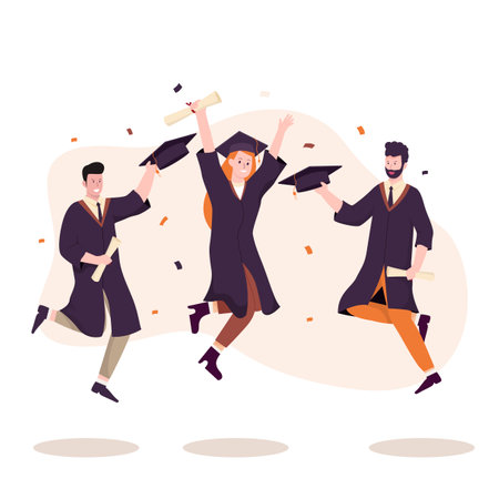 People celebrating graduation from college, university or high school. Illustration for websites, landing pages, mobile applications, posters and banners. Trendy flat vector illustrationのイラスト素材