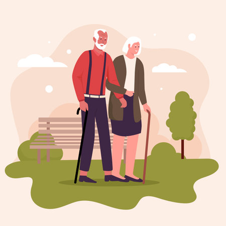 Elderly couple on outdoor walk. Illustrations for websites, landing pages, mobile apps, posters and banners. Trendy flat vector illustrationのイラスト素材
