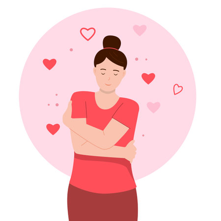 Vector illustration of woman hugging herself. Illustration for website, landing page, mobile app, poster and banner. Trendy flat vector illustrationのイラスト素材