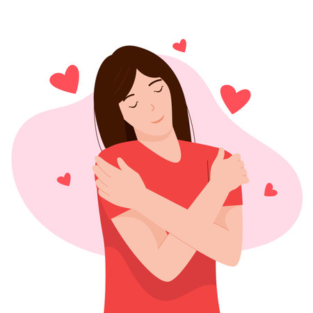 Vector illustration of woman hugging herself. Illustration for website, landing page, mobile app, poster and banner. Trendy flat vector illustrationのイラスト素材