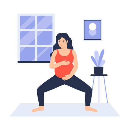 Flat design of pregnant woman practicing yoga at home. Illustration for websites, landing pages, mobile apps, posters and banners. Trendy flat vector illustrationのイラスト素材
